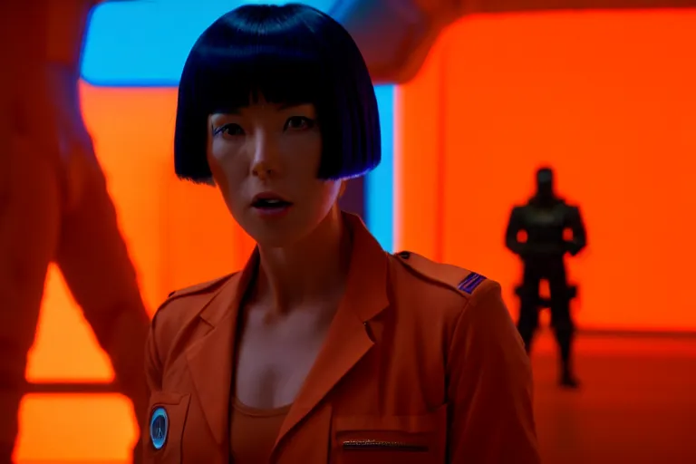 Image similar to major motoko wearing an orange prison jumpsuit, a giant blue hologram of a screaming child in the background, photography by fred palacio medium full shot still from bladerunner 2 0 4 9, sci fi, bladerunner, canon eos r 3, f / 3, iso 2 0 0, 1 / 1 6 0 s, 8 k, raw, unedited