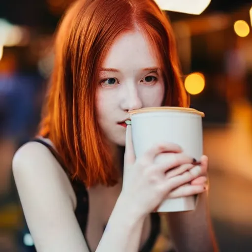 Prompt: Ultra detailed Hasselblad photo of a stunning pale redhead woman sitting and drinking a coffee at an aesthetic night market, large bokeh elements, 8k, perfect lighting, soft focus, high contrast, 28mm lens