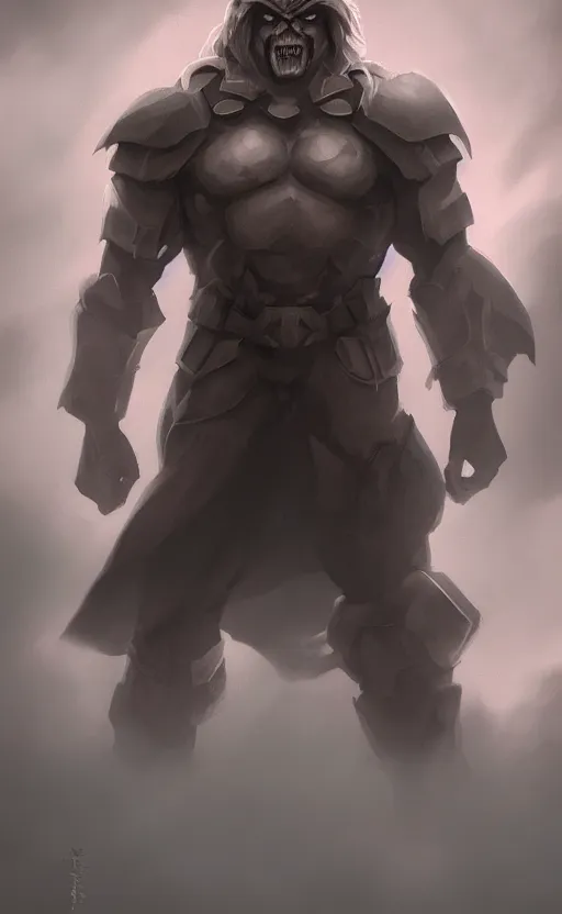 Image similar to Full body centered uncut character pose of mysterious-eerie-ominous He-Man, dark grey shadowy smokey background, atmospheric, cinematic, Epic, ultra-detailed, sharp focus, colored illustration, artwork by Jordan Grimmer