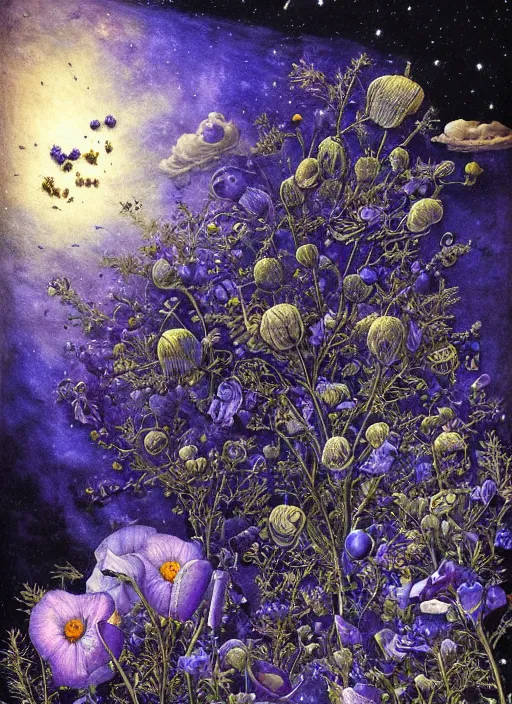 Image similar to detailed, intricate blue black and purple papaverum flower on the field, nebula, galaxy in the sky, winning award masterpiece, fantastically beautiful, illustration, aestheticly inspired, jacek yerka, upscale with anguissola sofonisba work, artstation, 8 k