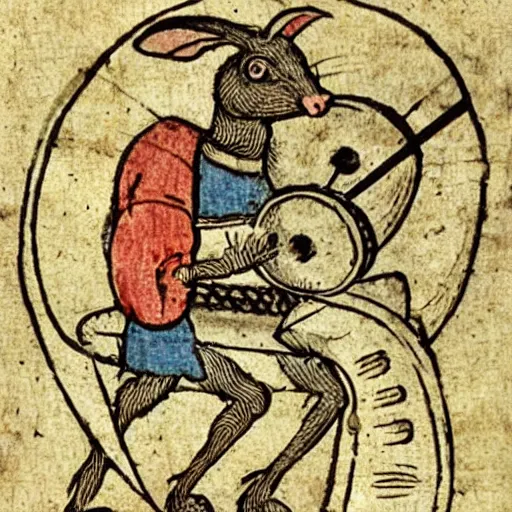 Prompt: medieval book illustration of a rabbit playing drums
