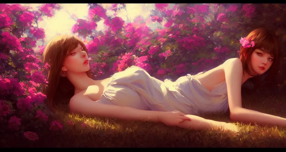 Prompt: a girl with с - cups with flowers instead of clothes, night setting. realistic shaded lighting poster by ilya kuvshinov katsuhiro, magali villeneuve, artgerm, jeremy lipkin and michael garmash, rob rey and kentaro miura style, trending on art station pinhole photography