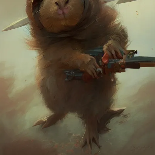 Image similar to Adorable Guinea Pig holding a frivolous weapon of war, illustrated by Greg Rutkowski and Gaston Bussiere, beautiful portrait image, serious lighting, dramatic amtosphere, war-art style, photorealistic imagery, trending on artstation, 4k, 8k