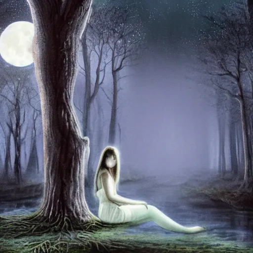 Prompt: an ultra detailed painting of a girl in a silver dress sitting in a gigantic ancient tree next to a pond at night, surrounded by a towering dark forest, the moon can be glimpsed through the trees and is veiled by fog, fog obscures the background, midnight, dark fantasy, fantasy forest, spooky forest