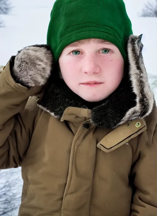 Prompt: portrait photo still of real life young stan marsh wearing a green trapper hat, 8 k, 8 5 mm, f. 1 4