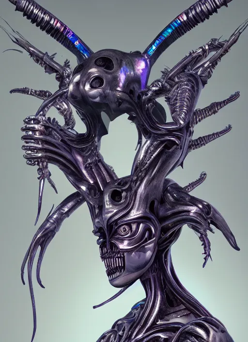 Image similar to hybrid humanoid androgyne muse with recursively horned wing crown attached to side of xenomorphic head, concept art, sculpted iridescent optical mineralogy features, xenomorphic, intricate detail, holographic, pixel sorting, style by James Jean, circuitry, organic detail, asymmetry, cinematic, epic wide shot, ultra detailed, artstation, sharp focus,smooth, cinematic lighting, cinematic detail, composition, photorealistic, render in unreal engine 5, golden ratio, 8k render