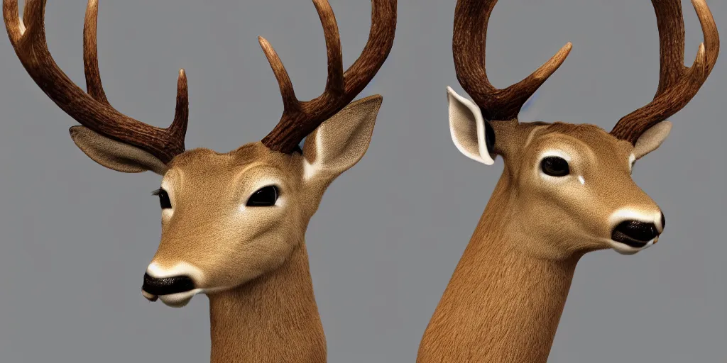 Prompt: anthropomorphic deer with a human head, antlers, photo realistic, hyper realistic