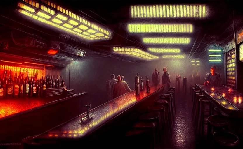 Image similar to blade runner in a dimly lit bar, fluorescent lighting, eerie, otherworldly atmosphere, detailed, photorealistic imagery, futuristic, intricate, detailed, photorealistic imagery, artstation