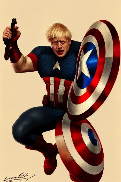 Prompt: Boris Johnson as Captain America, realistic portrait, symmetrical, highly detailed, digital painting, artstation, concept art, smooth, sharp focus, illustration, cinematic lighting, art by artgerm and greg rutkowski and alphonse mucha