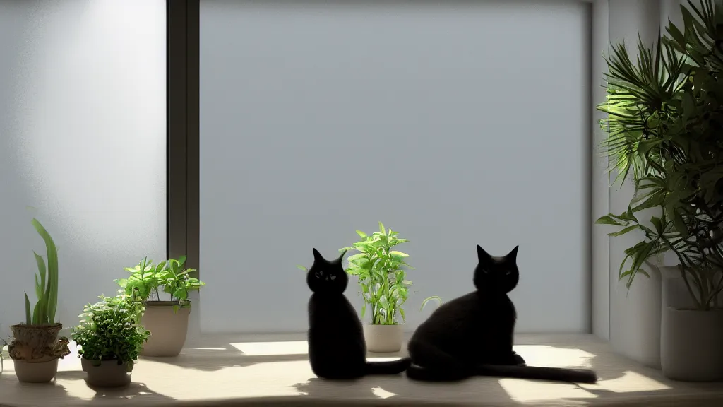 Image similar to peaceful dreamy matte painting of a content black cat sitting by a window and looking outside, sunshine coming through the window, small plants on the window sill, 8k, hyper realism, trending on artstation, octane render