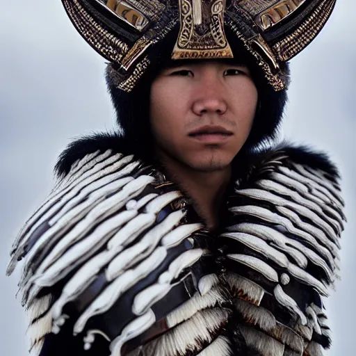 Image similar to a portrait of a beautiful young inuit male wearing an alexander mcqueen armor , photographed by andrew thomas huang, artistic