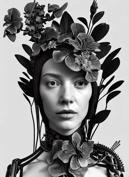 Image similar to monochrome 3 d model, biomechanical young female cyborg with porcelain profile face and a big floral eye, volumetric light, big leaves foliage and stems, hibiscus flowers, boho floral vines, sinuous fine roots, fine foliage lace, alexander mcqueen, rim light, art nouveau fashion pearl embroidered collar, steampunk, octane render, 8 k