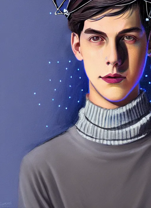 Image similar to portrait of teenage jughead jones wearing a light grey crown, crown, blue turtleneck, 1 9 5 0 s, closed eyes, photorealistic, black hair, glowing lighting, intricate, elegant, glowing lights, highly detailed, digital painting, artstation, concept art, smooth, sharp focus, illustration, art by wlop, mars ravelo and greg rutkowski