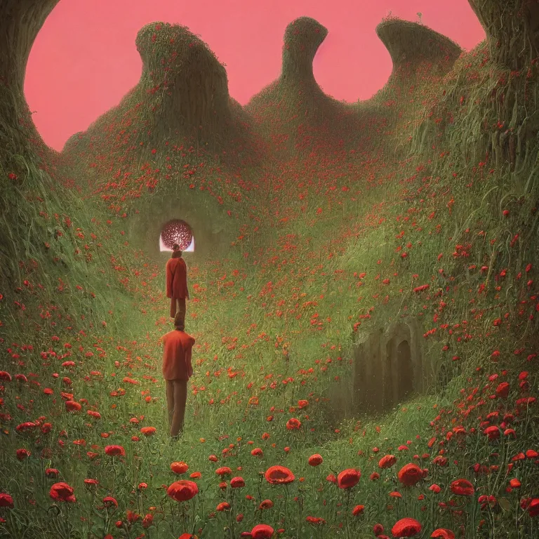 Prompt: A person standing in front of a portal made of opium poppies, epic surrealism, Detailed digital matte painting in the style of simon stalenhag and Bev dolittle Zdzislaw Beksinski, Greg Hildebrandt artstation, psychedelic