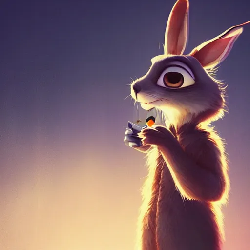 Image similar to portrait of a incredibly cute bunny, eating a carrot, zootopia, cgi, blade runner, cyberpunk background, trending on artstation