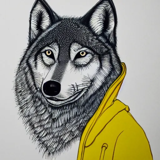 Image similar to lineart of a wolf wearing a yellow raincoat