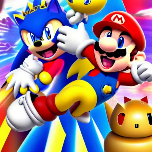 Image similar to super mario, kirby, sonic the hedgehog, super smash bros, star wars themed movie poster high detail accurate eyes and good gesture poses, pokemon anime cartoon style