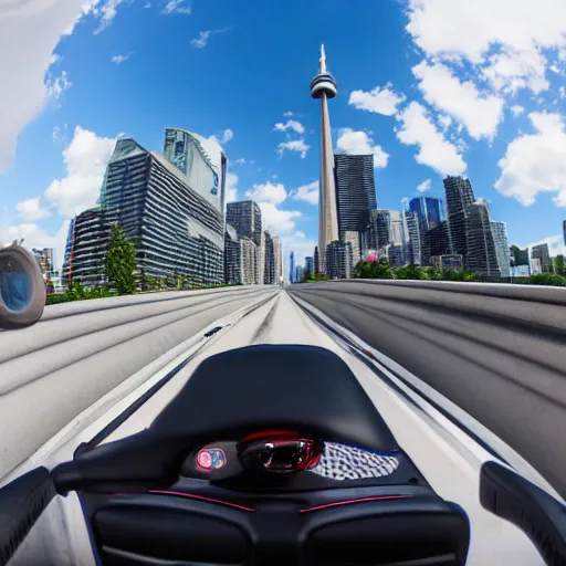 Prompt: a photo of a ibishu covet driving near the cn tower, fisheye lens, 1 9 mm.