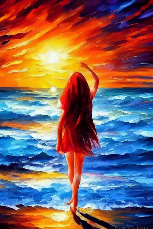 Prompt: a red haired young girl beach surreal, sunrise, dramatic light, impressionist painting, colorful clouds, digital painting, artstation, leonid afremov