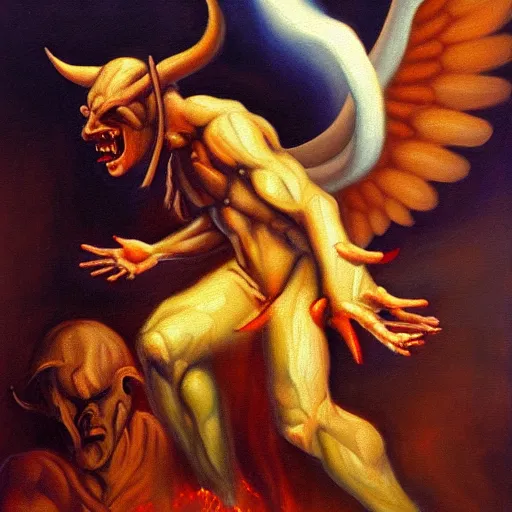 Image similar to A demon being stepped on by an angel, oil painting