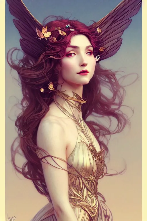 Image similar to 3 / 4 view of a portrait of woman with flowy hair, bird wings, confident pose, pixie, genshin impact, intricate, elegant, sharp focus, illustration, highly detailed, concept art, matte, trending on artstation, bright colors, art by wlop and artgerm and greg rutkowski, mucha, marvel comics