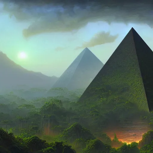 Prompt: digital painting of a pyramid in the middle of a jungle, a detailed matte painting by christophe vacher, cgsociety contest winner, fantasy art, matte painting, matte drawing, concept art