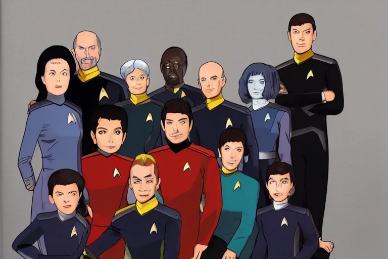 Image similar to star trek next generation bridge crew, family portrait, in style of hayao miyazaki