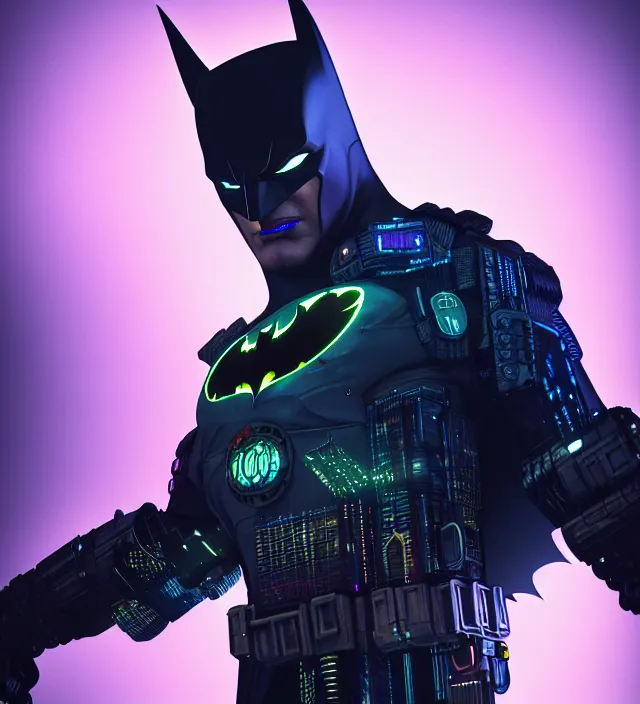 Prompt: close - up character concept of cyberpunk batman!!!! intricate technology on batman's suit, wires and led lights | | blurry gotham city at night in the background, neon lights | | cinematic rim lighting, global illumination, fine details by stanley artgerm lau, trending on artstation, octane render, dreamy, masterpiece