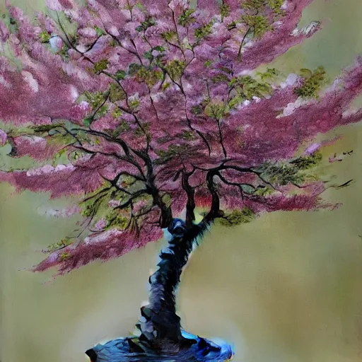 Image similar to a sculpture of sakura tree on the table, hyperrealism oil painting