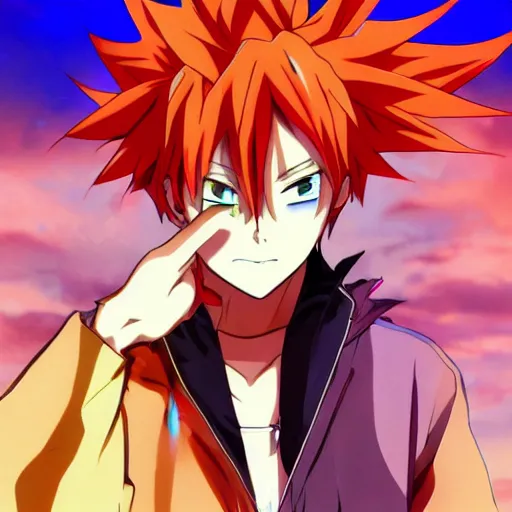 Image similar to orange - haired anime boy, 1 7 - year - old anime boy with wild spiky hair, wearing blue jacket, battle aura, aura, shibuya, blue sunshine, strong lighting, strong shadows, vivid hues, raytracing, sharp details, subsurface scattering, intricate details, hd anime, high - budget anime movie, 2 0 2 1 anime
