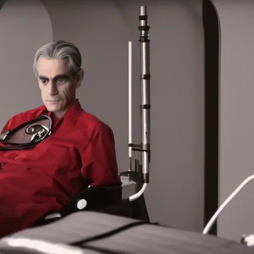 Image similar to a scene from the movie dead ringers with clean shaven jeremy irons, dark cinematic lighting, heavy black and red palette and color contrast, medical equipment, movie directed by wes craven, 3 d octane render