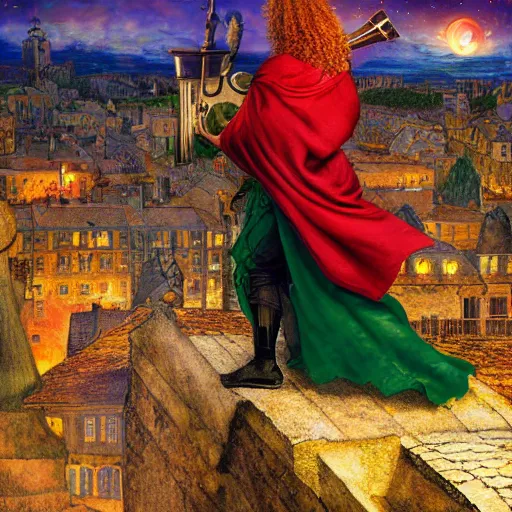 Prompt: a rugged man with curly red hair wearing a green cloak playing a lute sitting on a roof top, medieval setting, entire city visible, zoomed out, night, atmospheric lighting, painted, intricate, volumetric lighting, beautiful, rich deep colours masterpiece, golden hour, digital art