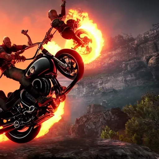 Image similar to kratos jumping a black harley - davidson motorcycle off a cliff, cinematic render, playstation studios official media, god of war 2 0 1 8, flames, centered profile