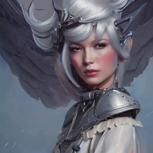 Prompt: A masterpiece portrait of a iron princess menacing girl with tall white amazing victorian wig with mecha wings. trending on artstation, digital art, by Stanley Artgerm Lau, WLOP, Rossdraws, James Jean, Andrei Riabovitchev, Marc Simonetti, Yoshitaka Amano