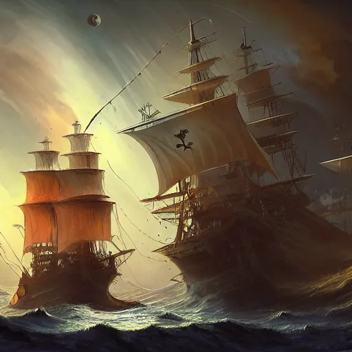 Image similar to pirate ship sailing through space with distant planets visible in the background, trending on artstation, ultra fine detailed, hyper detailed, hd, concept art, digital painting