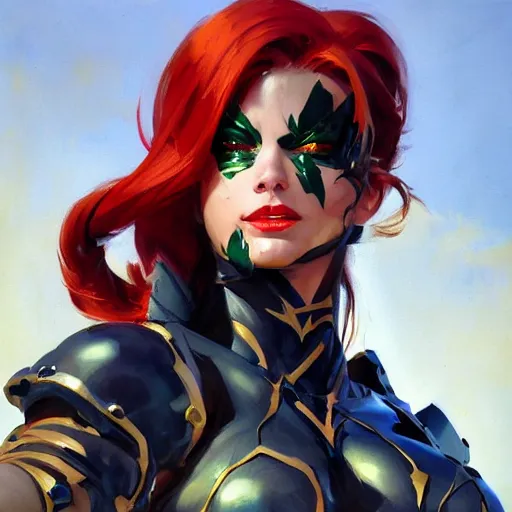 Image similar to greg manchess portrait painting of armored poison ivy as overwatch character, medium shot, asymmetrical, profile picture, organic painting, sunny day, matte painting, bold shapes, hard edges, street art, trending on artstation, by huang guangjian and gil elvgren and sachin teng