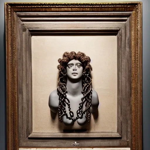 Prompt: a taxidermized medusa mythology, in a museum, portrait,