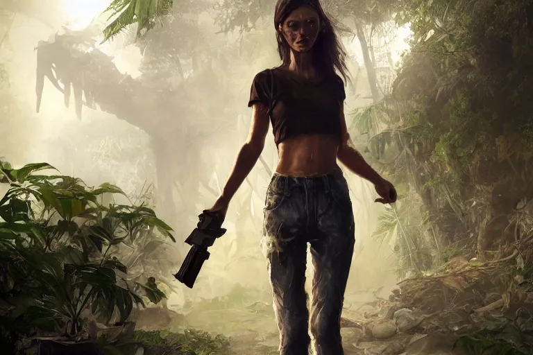 Image similar to !dream artstation concept of a beautiful adventurous girl with a .45 revolver, sweaty skin, symmetrical face, high face detail, torn off shirt and fatigue pants, sleek and agile, jungle background with ruins, volumetric lighting, hyperdetailed, artstation trending, world renowned artists, worth1000.com, cgsociety, by greg rutkowski, by Gustave Doré, by Marco Turini, by Artgerm, Deviantart in the style of Tom Bagshaw, Cedric Peyravernay, Peter Mohrbacher