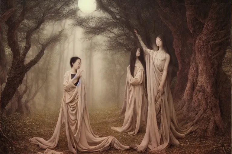 Prompt: wuxia, forest, moonlight, intricate beautiful faces, painting by agostino arrivabene, vanessa beecroft, anka zhuravleva, mary jane ansell, peter mohbacher, gerald brom