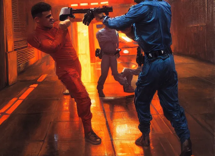 Prompt: Javier evades sgt Nash. Cyberpunk boxer in orange jumpsuit escaping menacing police troopers (blade runner 2049). attractive face. Epic painting by john william waterhouse and Edwin Longsden Long and Theodore Ralli and Nasreddine Dinet, oil on canvas. Cinematic, hyper realism, realistic proportions, dramatic lighting, high detail 4k