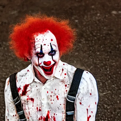 Image similar to full body heat to toe shot of an expressionless clown with blood splattered on him, muted tones, slightly out of focus, found footage, dutch angle