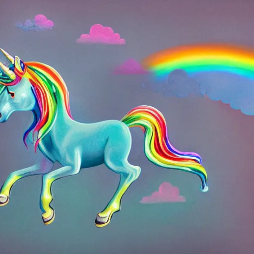 Prompt: photograpy of a real unicorn farting rainbows, fine art