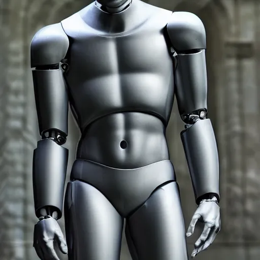 Prompt: a realistic detailed photo of a guy who is an attractive humanoid who is half robot and half humanoid, who is a male android, french actor cyril gossbo, shiny skin, posing like a statue, blank stare, by the pool, on display, showing off his muscles, humanoid robot, frozen ice statue