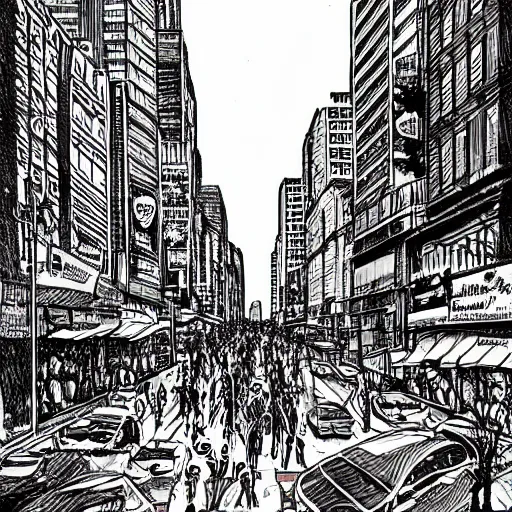 Prompt: busy street drawn by warren ellis, colorful