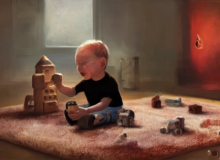 Image similar to toddler elon musk sitting on a shaggy rug playing with his little rockets, bedroom, realistic painting, beautiful soft lighting, istvan sandorfi