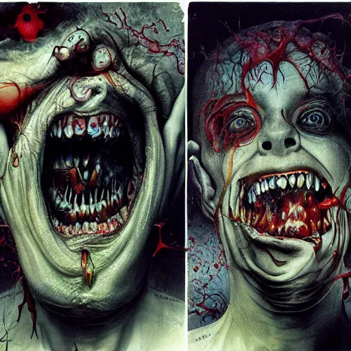 Prompt: grinning faces of evil tearing through reality, hyperdetailed oil painting by annie leibowitz and stephen gammell, inspired by giger and beksinski, alberto seveso