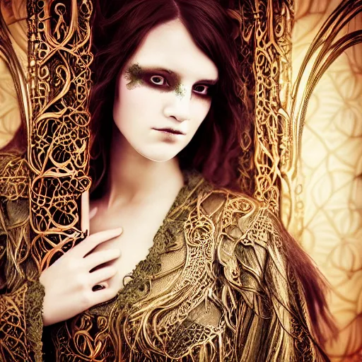 Image similar to a realistic closeup portrait photo of a beautiful female art nouveau bohemian cyberpunk musician in filigree fractal robes