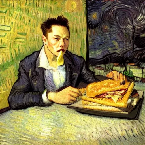 Image similar to a beautiful oil painting of elon musk eating a panini, 8k , award winning , made in 1800's , old , painted by vincent van gogh