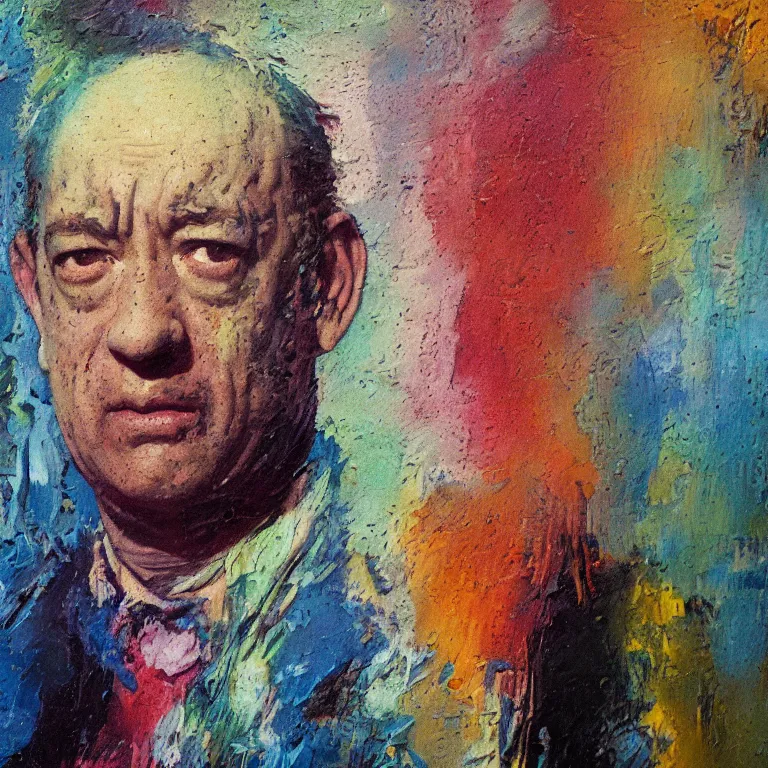 Image similar to colorfully tinted Antique tintype of Beautiful warmly lit close up expressionistic oil painting studio portrait of very angry! Tom Hanks, impasto oil painting heavy brushstrokes by Cy Twombly and Anselm Kiefer , trending on artstation dramatic lighting abstract Expressionism