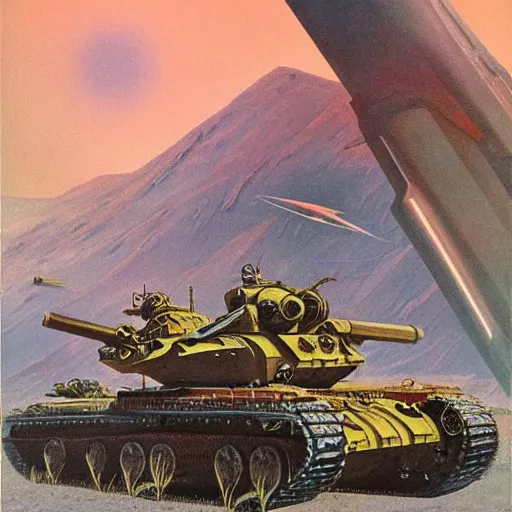 Image similar to tank battalion in the acid plains of mars, 1 9 5 0 s vintage sci - fi art, by bruce pennington